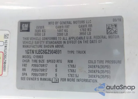 2016 GMC Sierra 1500 z USA, uszkodzony, nr VIN 1GTN1LEC6GZ904691